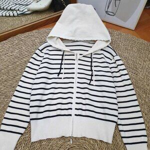 Black White Stripe Ribbed Knit Zip Up Hoodie Cardigan Casual Cozy Jacket